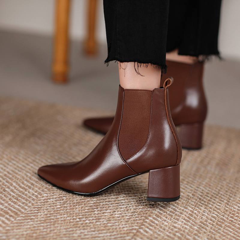 Krazing Pot Kravská kůže Zimní Špičaté špičky Silné střední podpatky Chelsea boty Dámské Nazouvací Velká velikost Retro Stručný styl Kotníkové boty