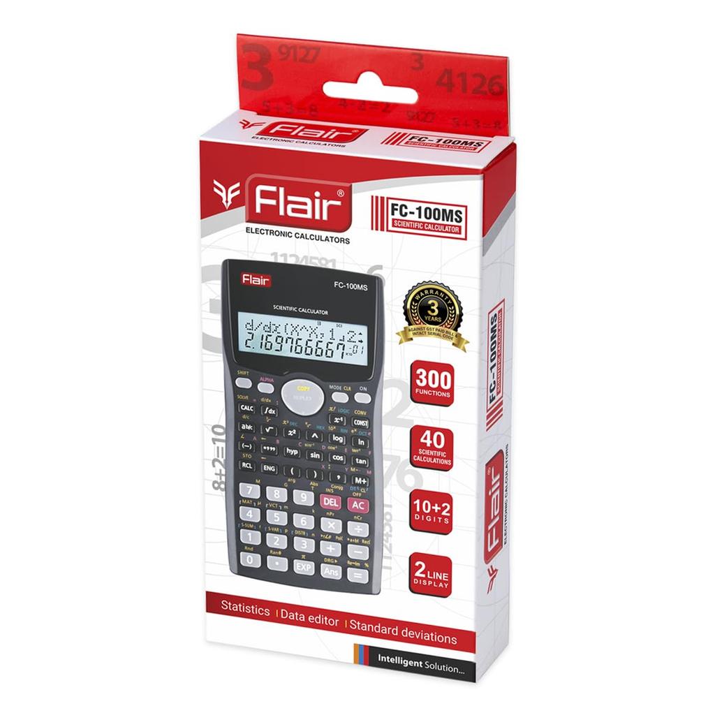 Flair FC-100MS Scientific Calculator 300 Functions 10+2 Digit Two Line Display Battery Solar Black Pack of 1 Desktop