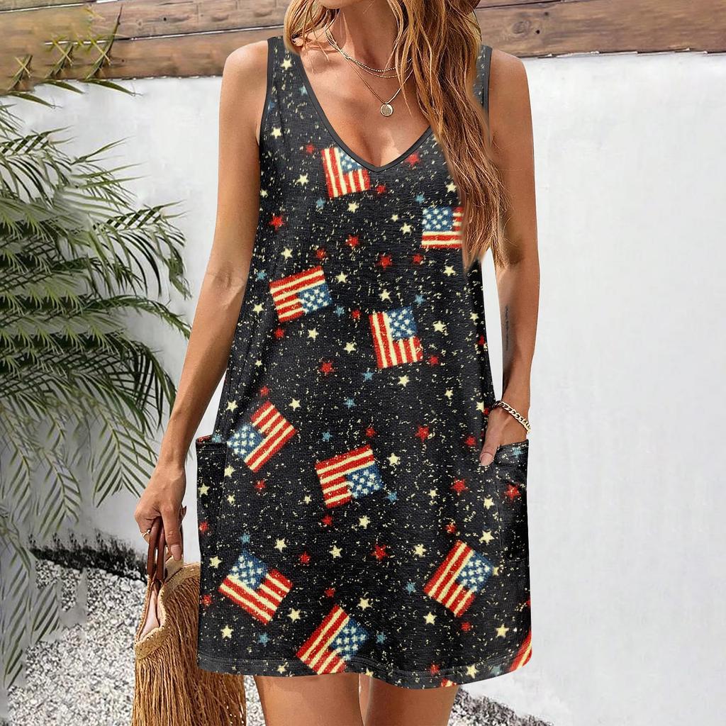 Women's Casual Sundress With Pockets Summer Boho Beach Dress Floral Blouses For Women T-Shirts Dress V Neck Loose Tank Dresses