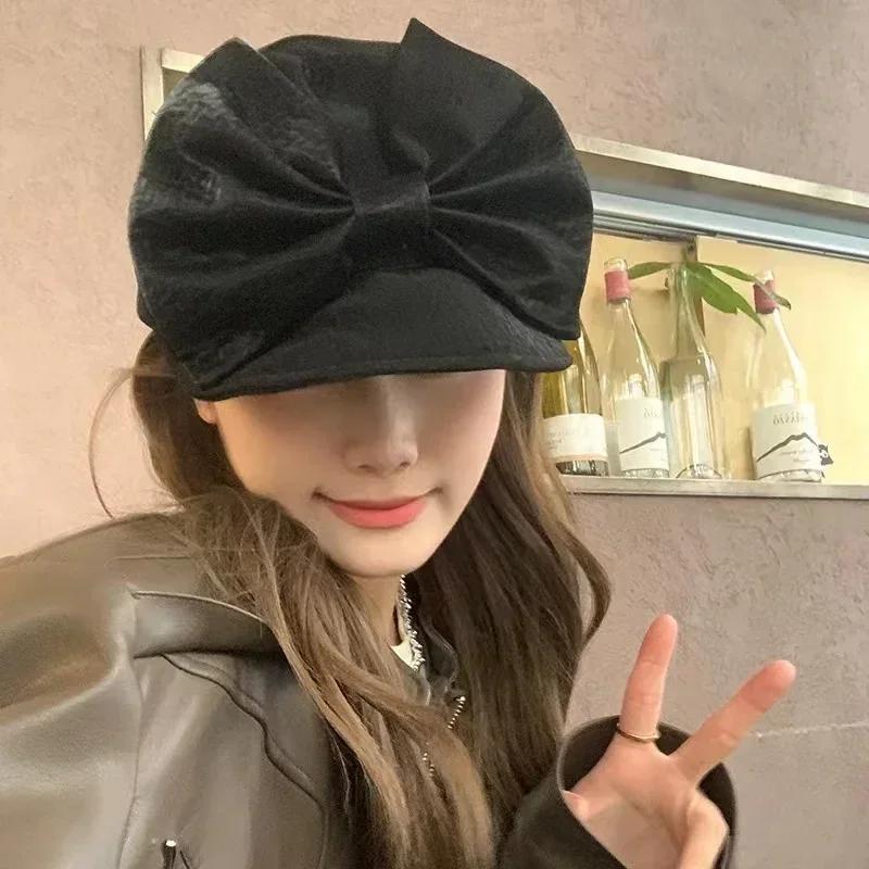2025 Mode Koreanisches Design weiche Muster PU großer Schleifenknoten Damen Baskenmütze Kappe Damen Freizeit Malerhut