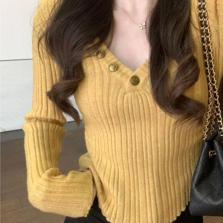 

Женский красный трикотажный свитер с V-образным вырезом - Приталенный крой, Стиль высокого класса для Рождества и Нового года, Идеально подходит для осени/зимы One Size жёлтый