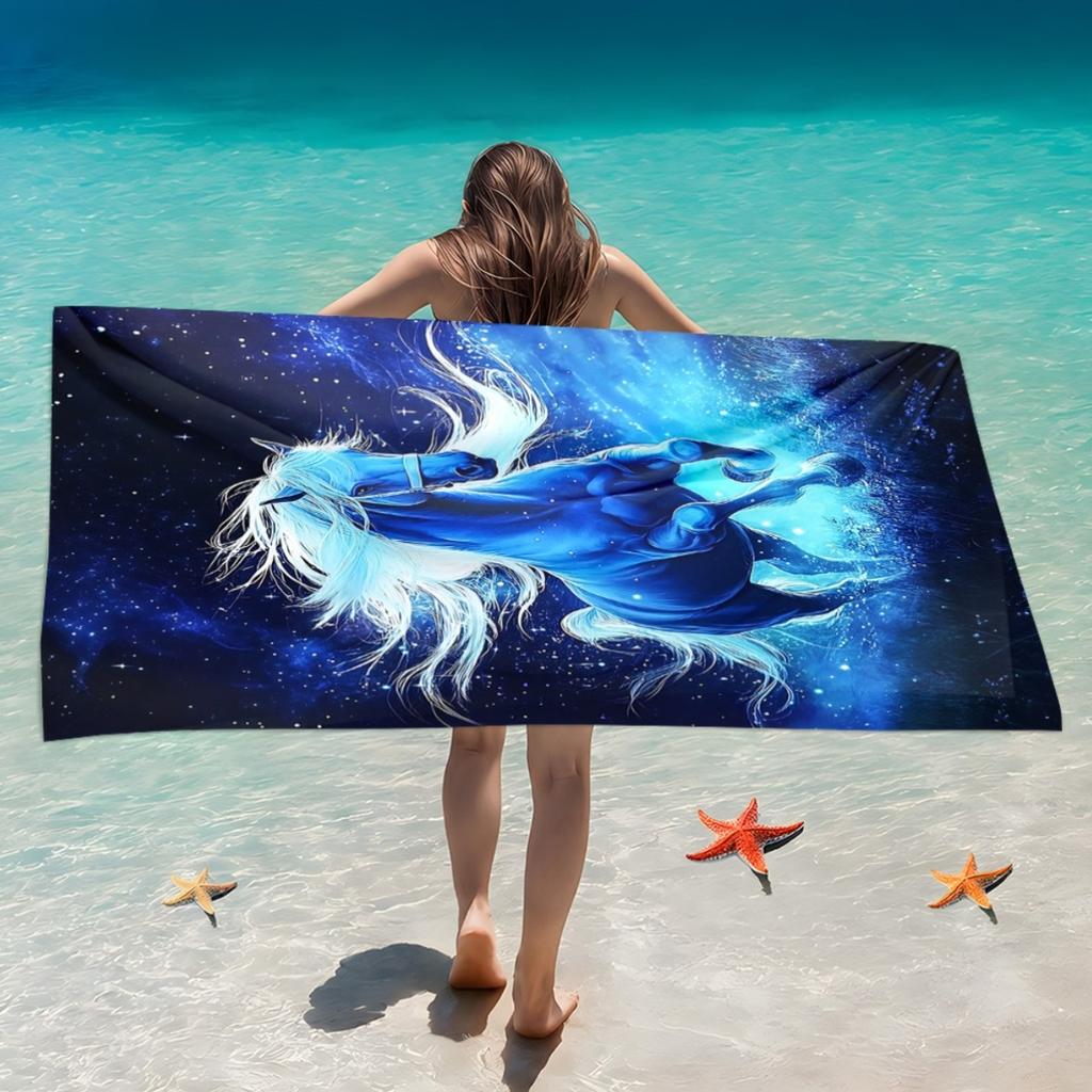 Blue Horse Starry Sky Print Beach Towel Polyester Soft Quick Dry Large Bath Towel Summer Swimming Pool Surfing Blanket