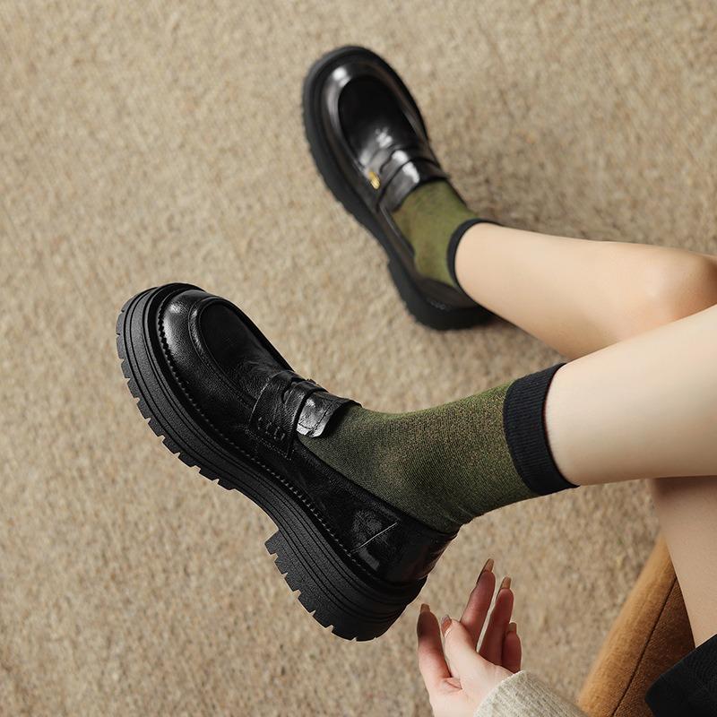 Rindslederversion, Echtleder Dicksohlige kleine Lederschuhe, Damen Ein-Pedal Lazy Goldschnalle Dickabsatz Einzelne Schuhe