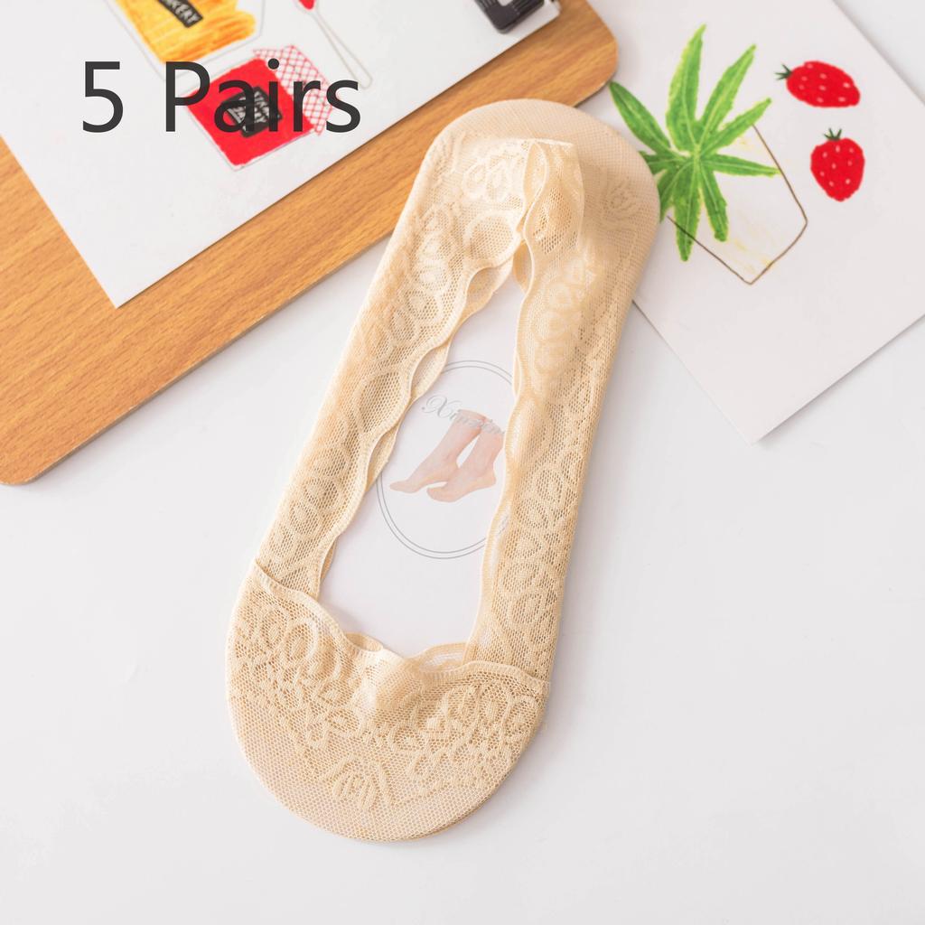 5 Pairs Lace Boat Socks Women Shallow Mouth Summer Thin Silicone Non-slip Breathable with Invisible Socks