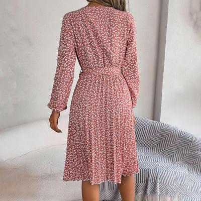 Spring Summer Women Long Sleeve O-Neck Floral Pleated High Waist A Line Long Dress