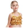 Girls Glittery Sequins Tiered Ruffles Crop Top Cross Back Metallic Camisole Jazz Dance Performance Top