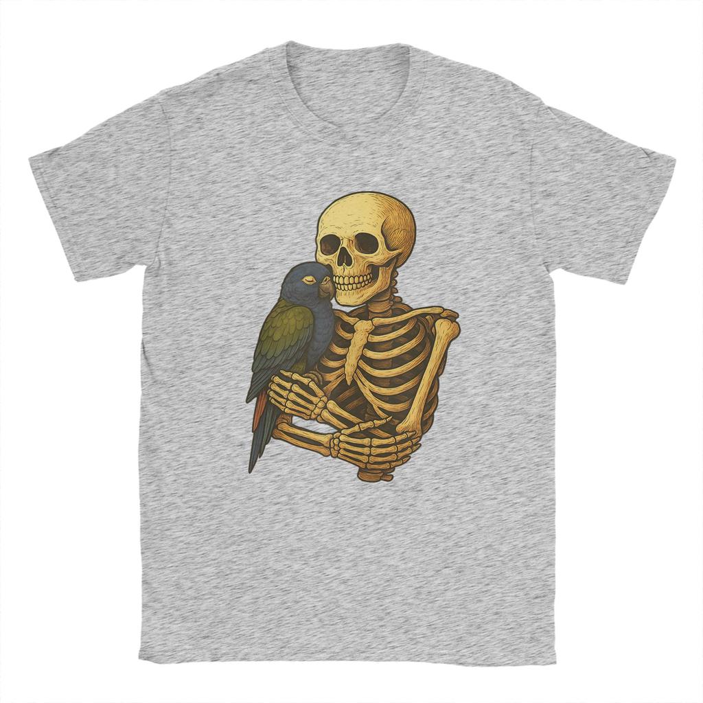 Skeleton Hugging Pionus Parrot Funny Halloween T-Shirt Men Vintage Cotton Tees O Neck Short Sleeve T Shirts Plus Size Clothes