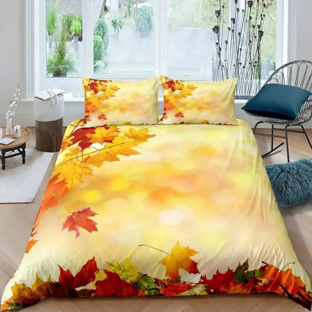 Maple Leaves Duvet Cover Set Colorful Autumn Season Maple Leaves In Unusual Designs Nature Print King Size 3D Bedding Set