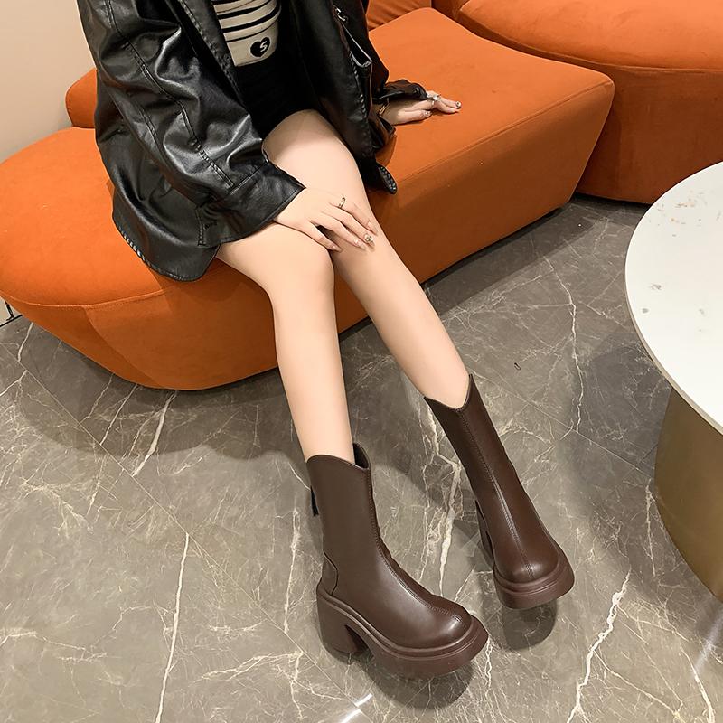 Autumn And Winter New Trend Fashion French Thick-Soled Thick-Heeled Round-Toe Waterproof Platform High-Heeled Fashion Boots