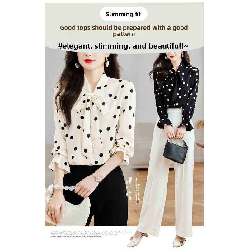 2026 Nuovo Top alla Moda ed Elegante per la Primavera, Camicia Versatile in Chiffon a Maniche Lunghe con Pois Neri