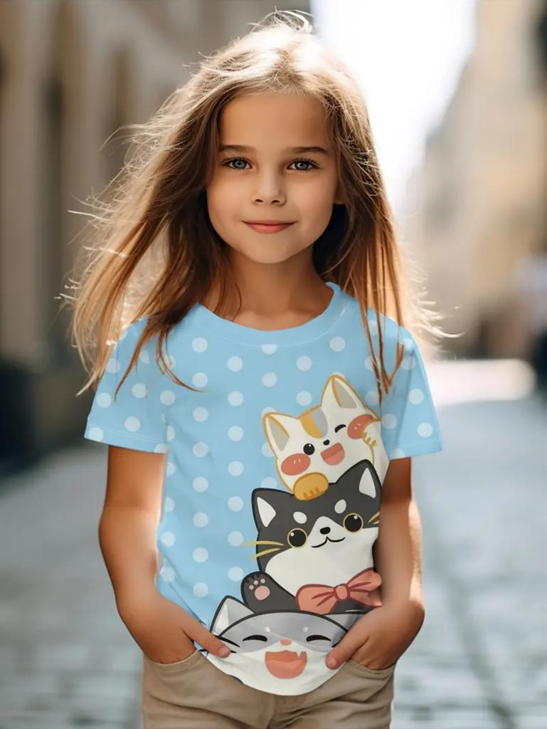 Colorful Cat Girl's T-Shirt Cute Patterns Summer Short Sleeves 3D Print Girl's Top Fashion Casual Streetwear Children's Clothing