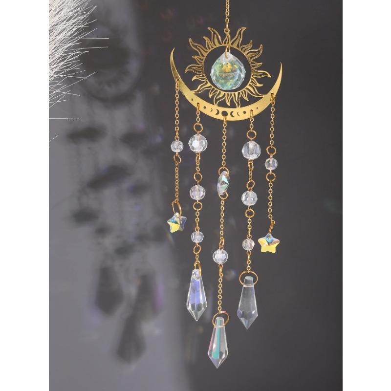 1pc Gold Flame Moon Crystal Pendant Sunlight Catcher Outdoor Garden Ab Colourful Hanging Decorations Hanging Ornaments
