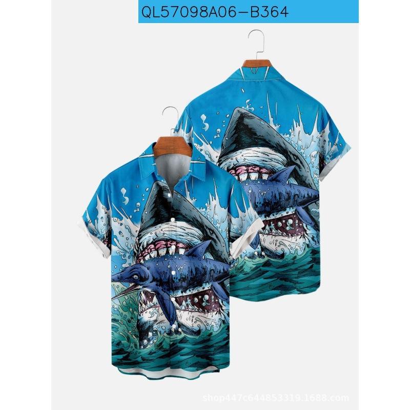 1116 New Shark 1d Printing Summer Casual Short Sleeve Shirt Men's Wholesale Manufacturer Europe