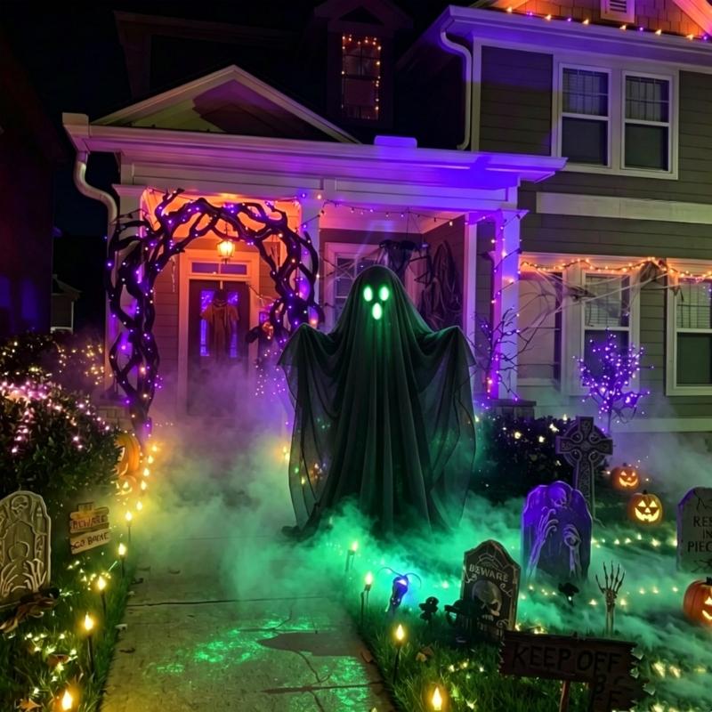 Hanging Halloween Figure With Face Light and Black Fabric Finish, Seasonal Entryway Window Yard Piece for Party and Porch Display In Holiday Homes