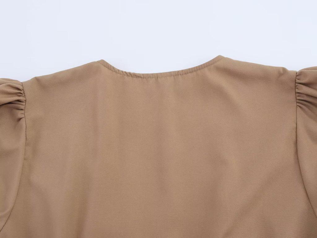 2025 Summer Women's European & American Retro Puff Sleeve V-Neck Dress with Bow Decoration