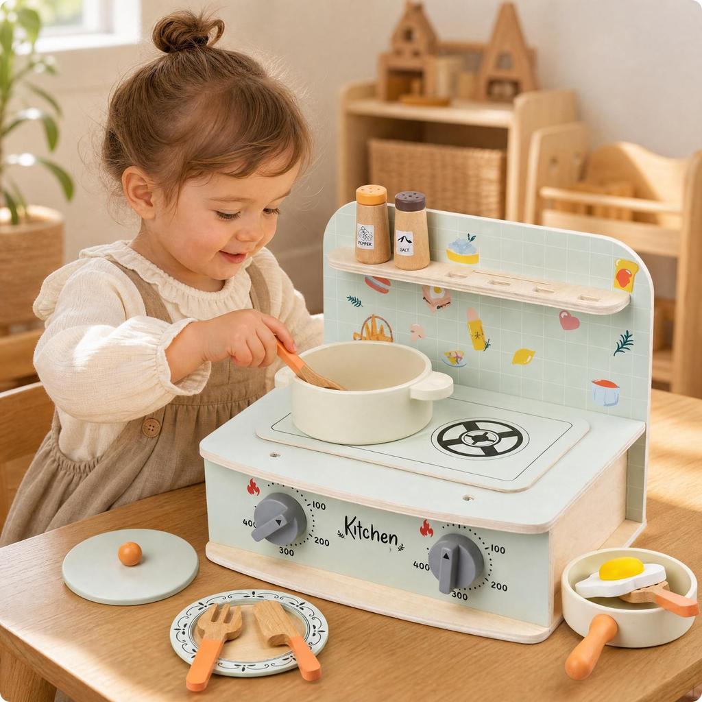 Wooden Play Kitchen with Accessories ChildFriendly Children's Pretend Cooking Center Interactive