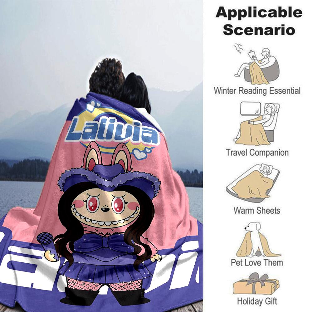 1Pc Cute Labubu Blanket Soft Comfortable Polyester Blanket Allseason Bedroom Office Outdoor Use Christmas Gift Choice Print Home Blanket Soft And Comf