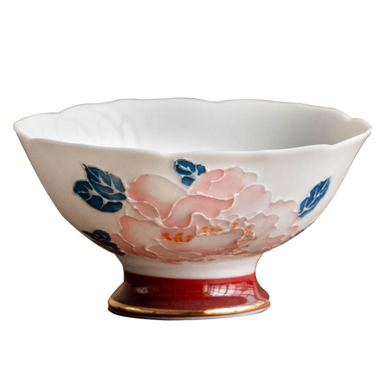 42ml Hand Drawn Peony Master Cup Vintage High Footed Large Teacup High End Gold Plated Tea Cup Flower Mouth Kung Fu Tea Set Gift