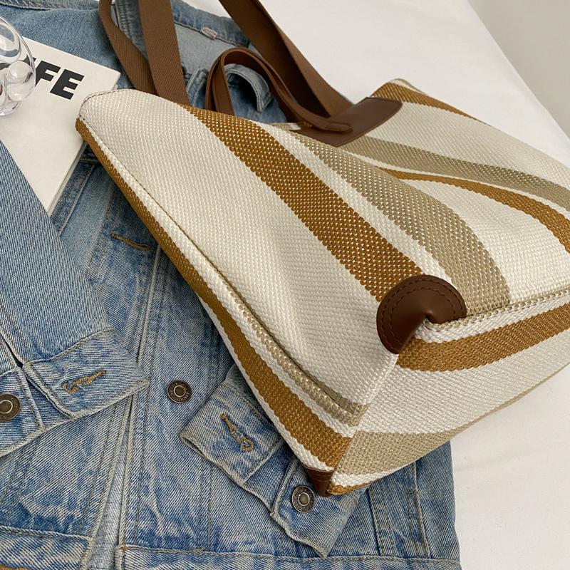 Canvas Bag Large Capacity Shoulder Bag for Female Striped Tote Bag