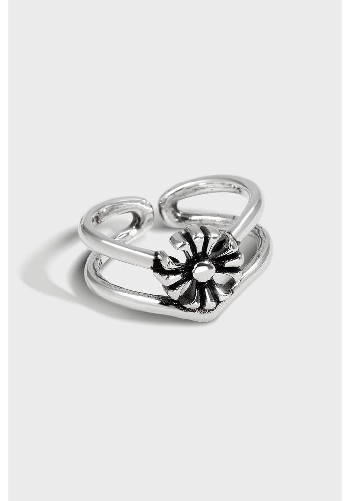 S925 Sterling Silver Retro Floral Ring - Blackened Vintage Style for Women, European Design