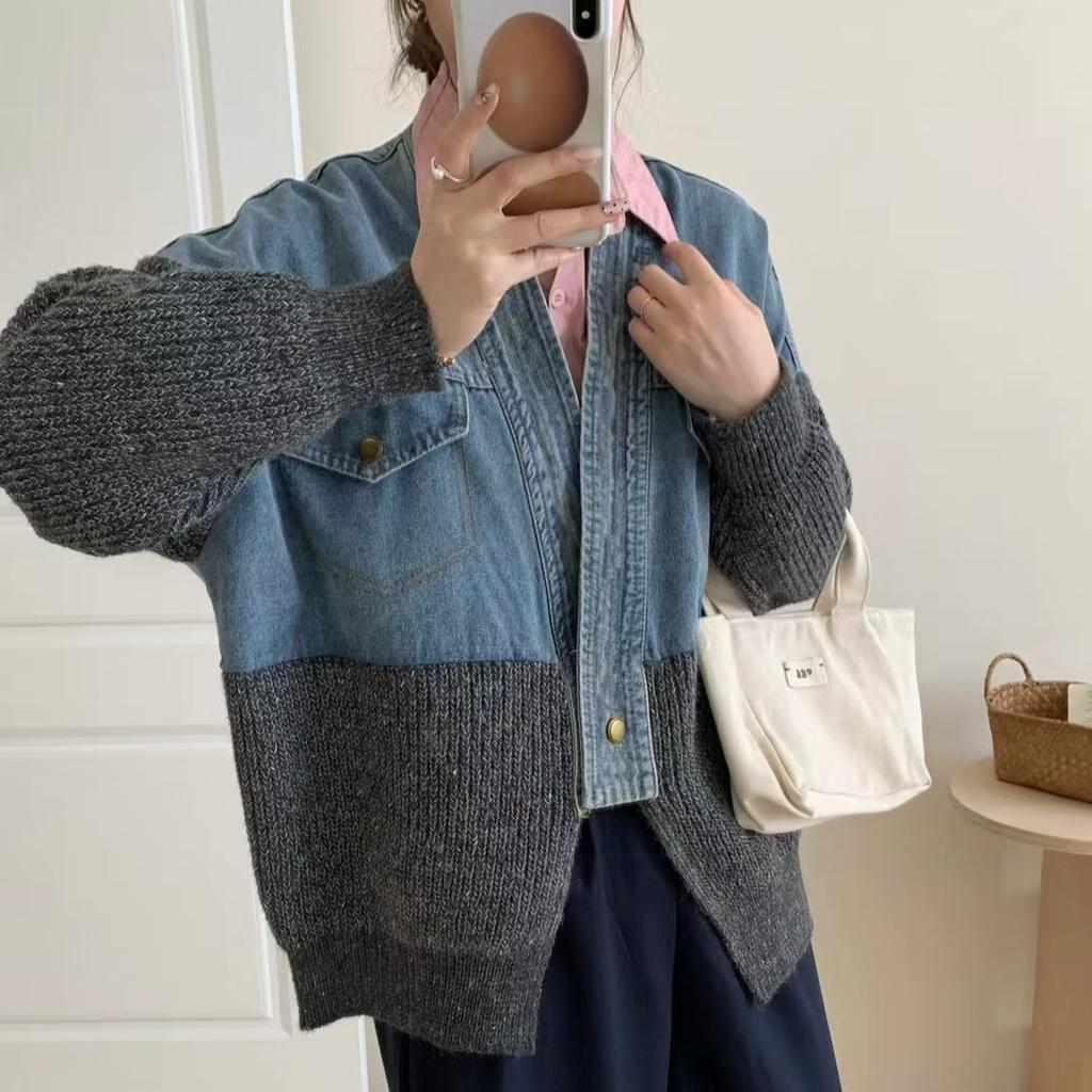 Dimanaf 2025 Autumn New Jacket Women Sweaters Coat Patchwork Wadded Coat Cardigan Knitting Pockets Fake Two-Piece Sweater