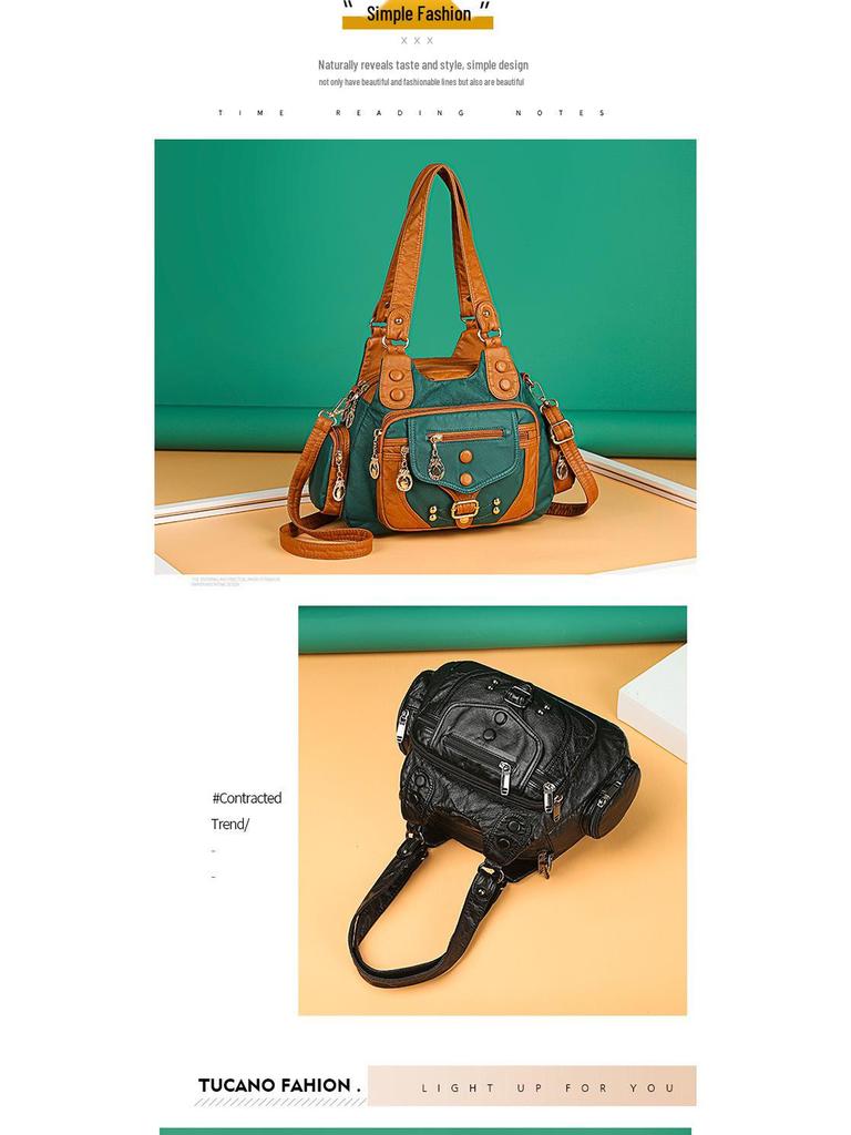Women's Color Block Rivet Washed Leather Crossbody Handbag, Soft Leather, Large Capacity, Multi-Layer, Single Shoulder