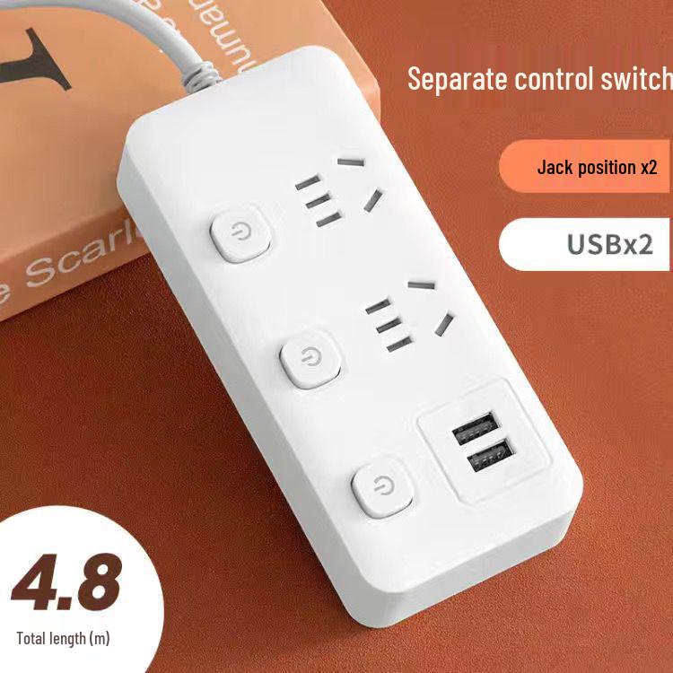 Office USB Power Strip with Multifunctional Sockets and Separate Controls, Long Cord