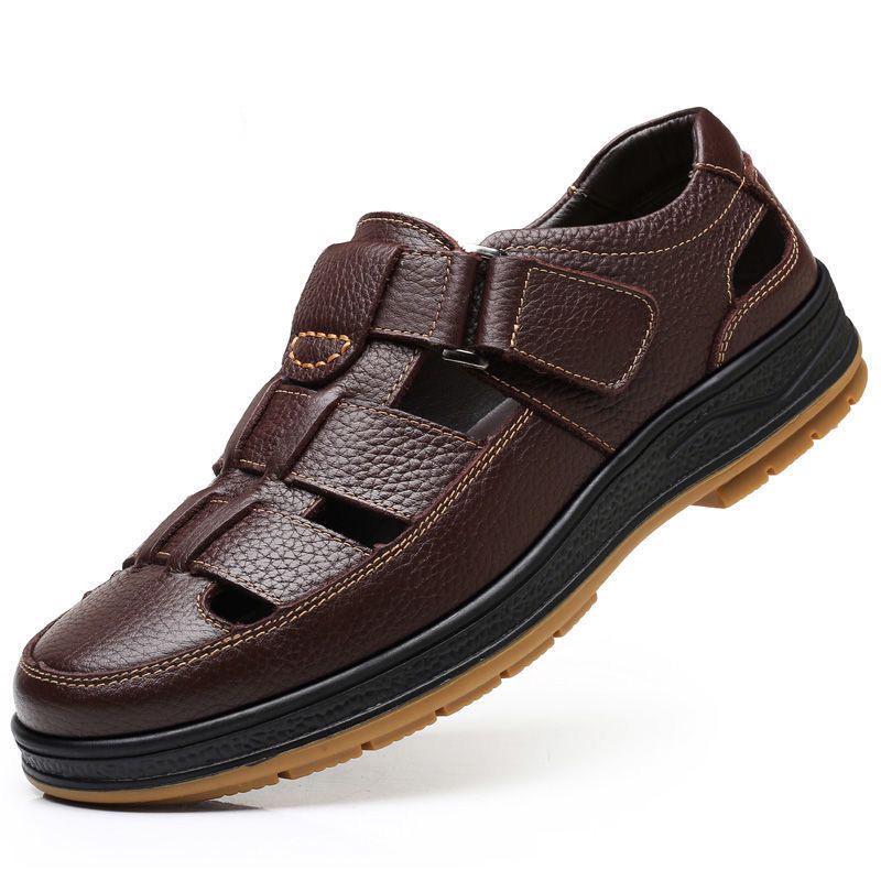 Men's Genuine Leather Breathable Summer Sandals - Large Size, Closed Toe, Perforated Cowhide Beach Shoes