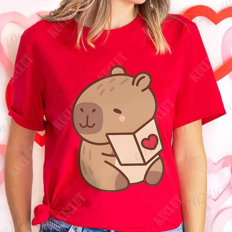 Love Heart Capybara Female Clothing Casual Tshirt Women Summer Harajuku Shirts Cute Graphic Tops Fashion Valentines Day Tees