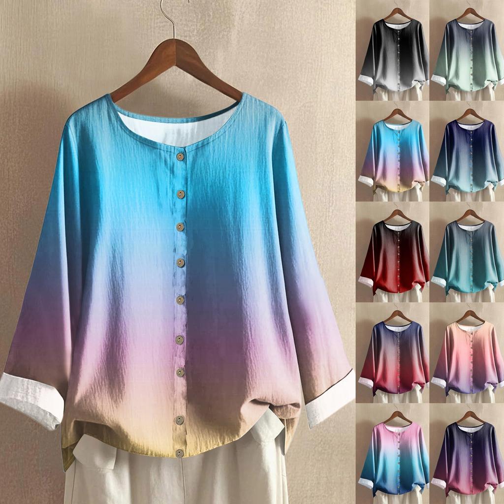 Women's Casual Long-sleeved Round Neck Gradient Cotton And Linen Top