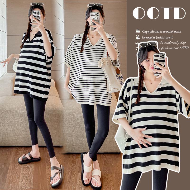 Korean Style Maternity Striped Casual Top - Plus Size, Loose, Slimming, Stylish & Age-Reducing