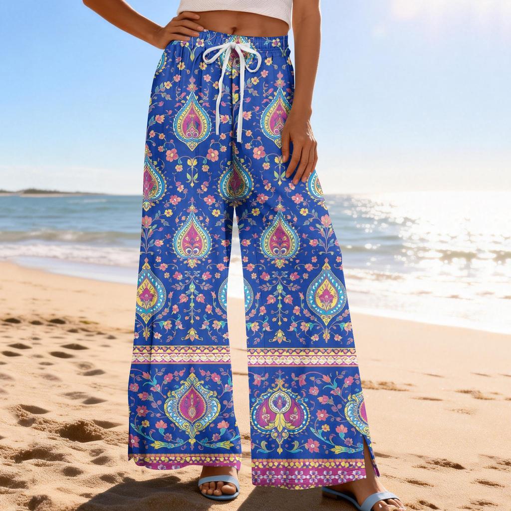 Women Summer Boho Palazzo Pants High Waist Wide Leg Printing Casual Trousers With Pockets