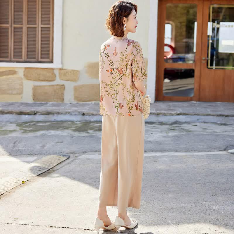Pastel New Chinese Style Summer Two-Piece Outfit for Middle-Aged Women
