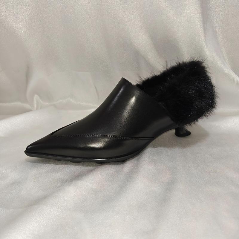 Fashion Women's Thin Heel Cotton Shoes Winter New Pointed-head Deep Mouth Slip-on Thick Warm High Heel Low Top Shoes