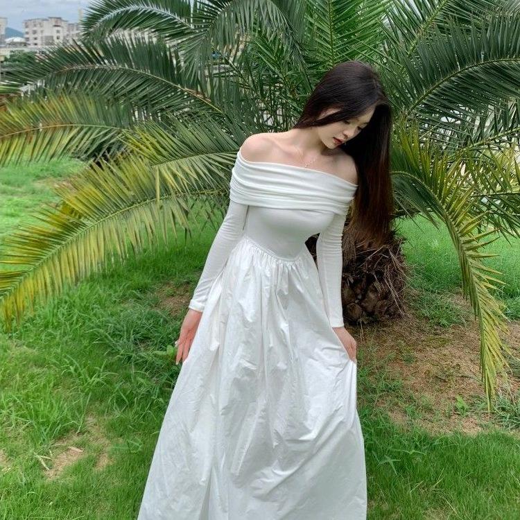 Women's White One-Shoulder Knit Dress, A-Line Long Sleeve, Pure Desire Style for Autumn 2026