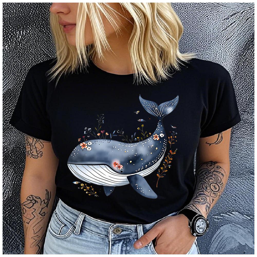 Unisex 100% Polyester Summer Top Watercolor hand-drawn style blue whale Print Loose round Neck Short Sleeve Fashion for Lovers