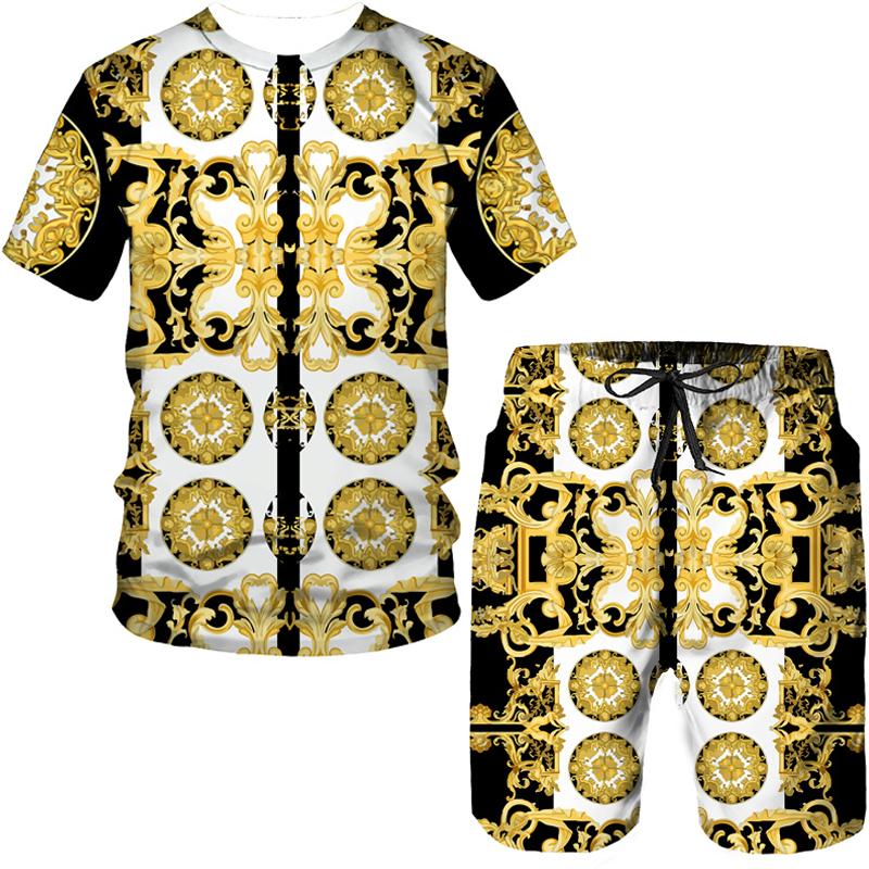 Vintege Baroque Style 3D Print Men's Tracksuit Fashion Golden Pattern T-Shirts/Shorts/Sets Hip Hop Male Streetwear Clothing Suit