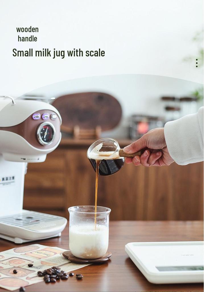 Heat-Resistant Glass Milk Jug with Wooden Handle & Measurement Markings, Ideal for Coffee, Baking & Household Use