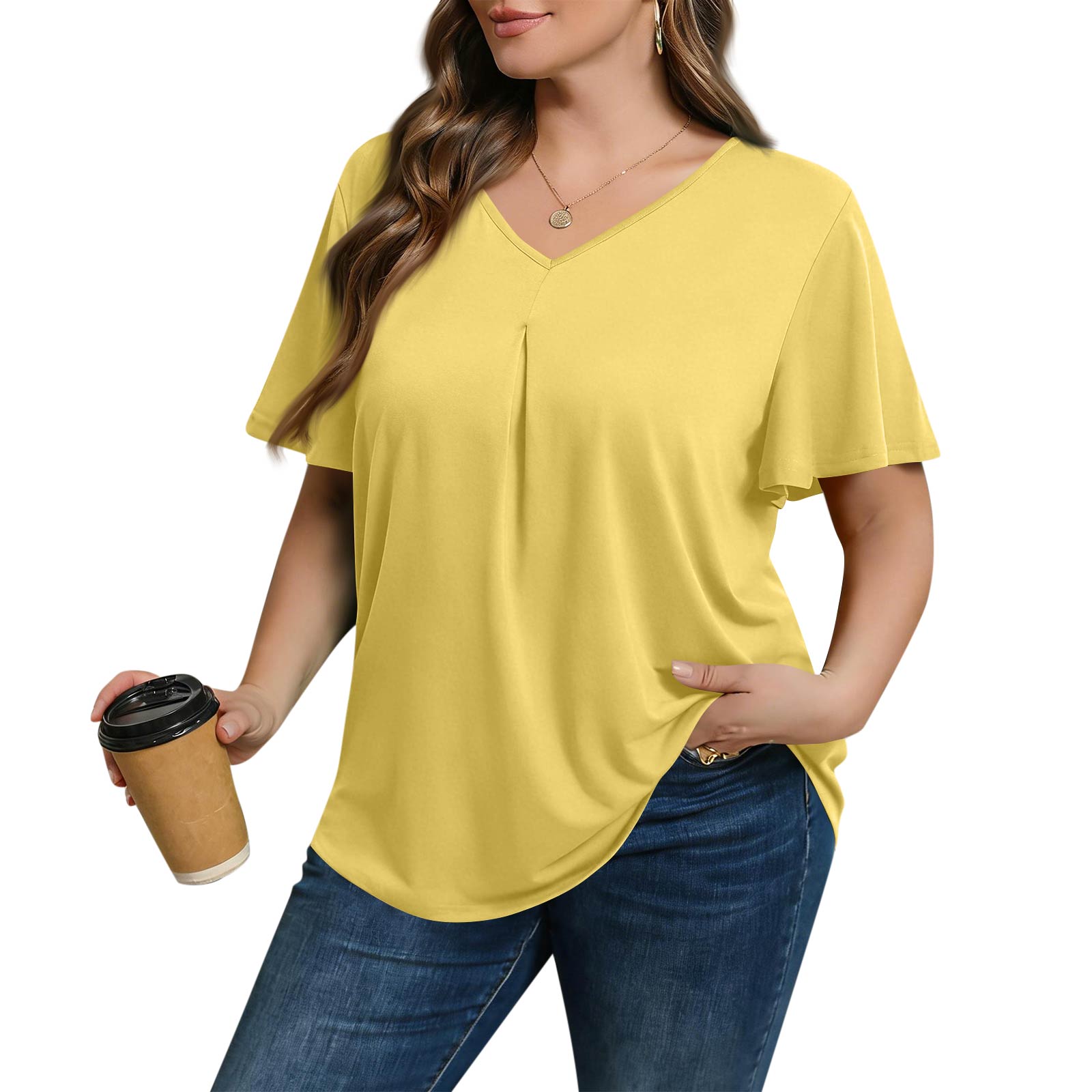 

Women s Plus Size Fashionable Casual Loose-Fit Short Sleeve Elegant V Neck Blouse For Work XL жовтий