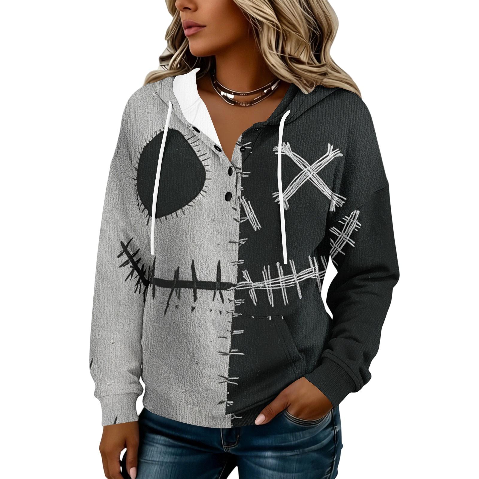 Women s Hooded Button Front Halloween Print Pullover Sweatshirt for Casual Fall Outfits M