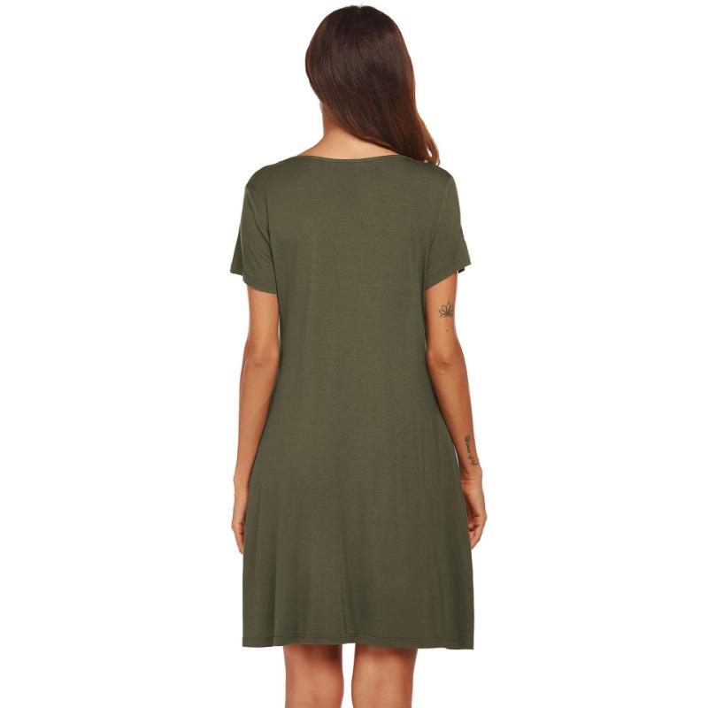 YYFS Women's Fashion Solid Color Print Summer Spring Short Sleeve V-Neck Loose Waistline Casual Dresses