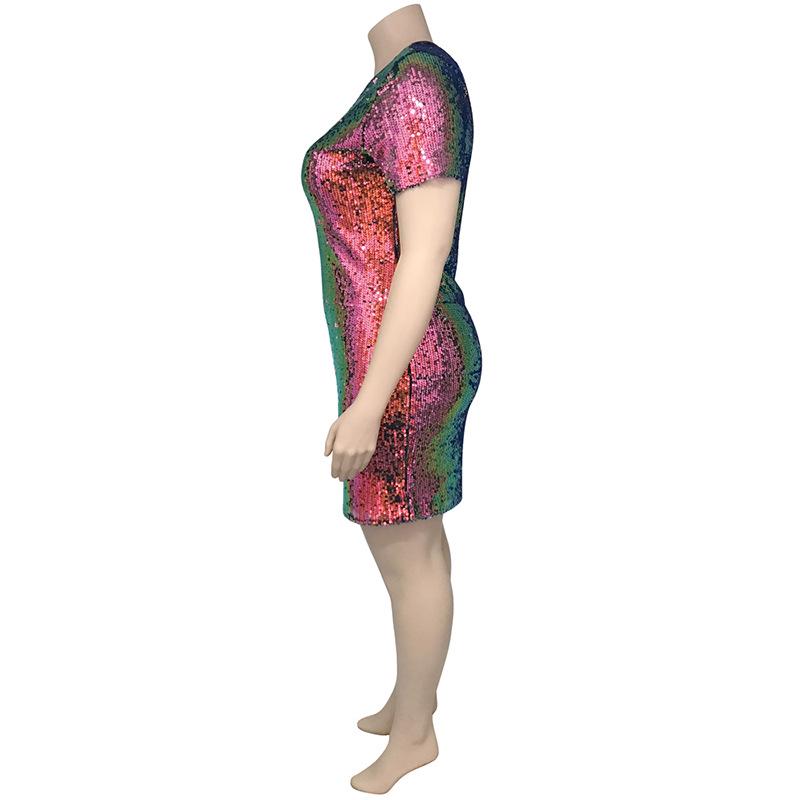 Women's Round Neck Short Sleeve Colorful Sequined Bodycon Party Club Sheath Dress Plus Size