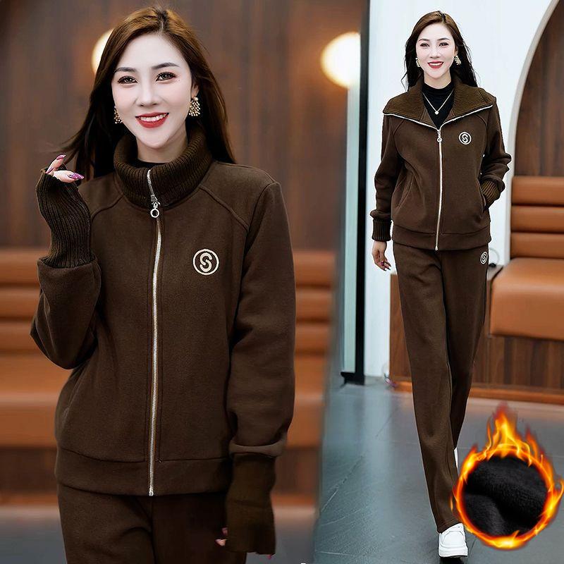 

Плюс бархатный утолщенный свитер на осень и зиму, кардиган для людей среднего возраста, спортивный костюм, женский костюм-двойка XXL кофейный