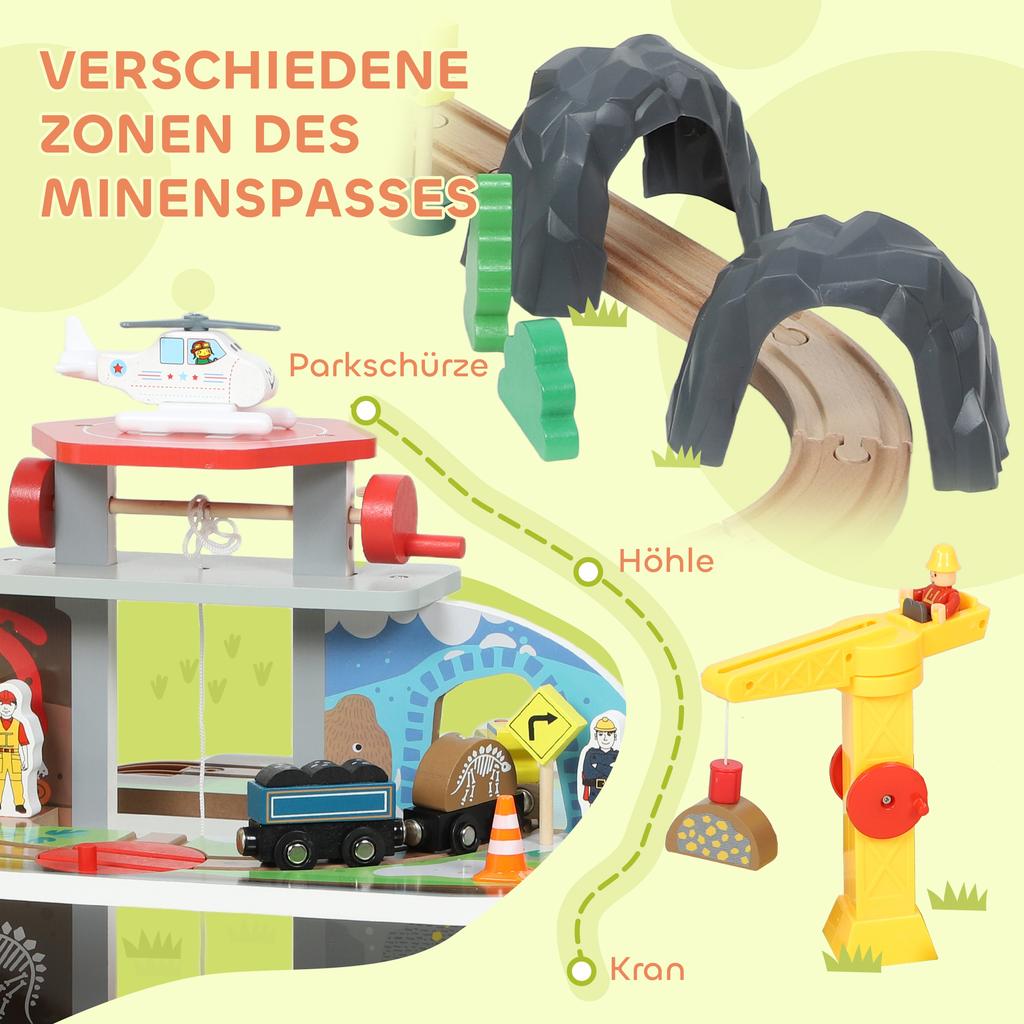 79-teiliges Holz-Zugset, Kindereisenbahnstrecke mit Bergwerk-Thema, inklusive Kran und Hubschrauber