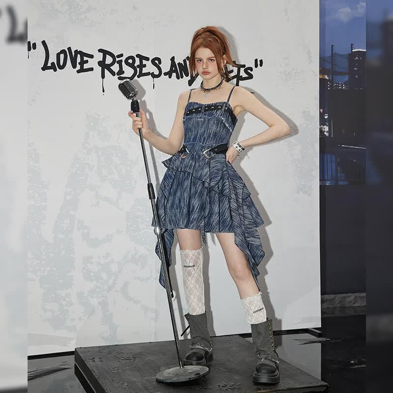 UNIFREE Celebrity Asymmetric Denim Cami Mini Dress