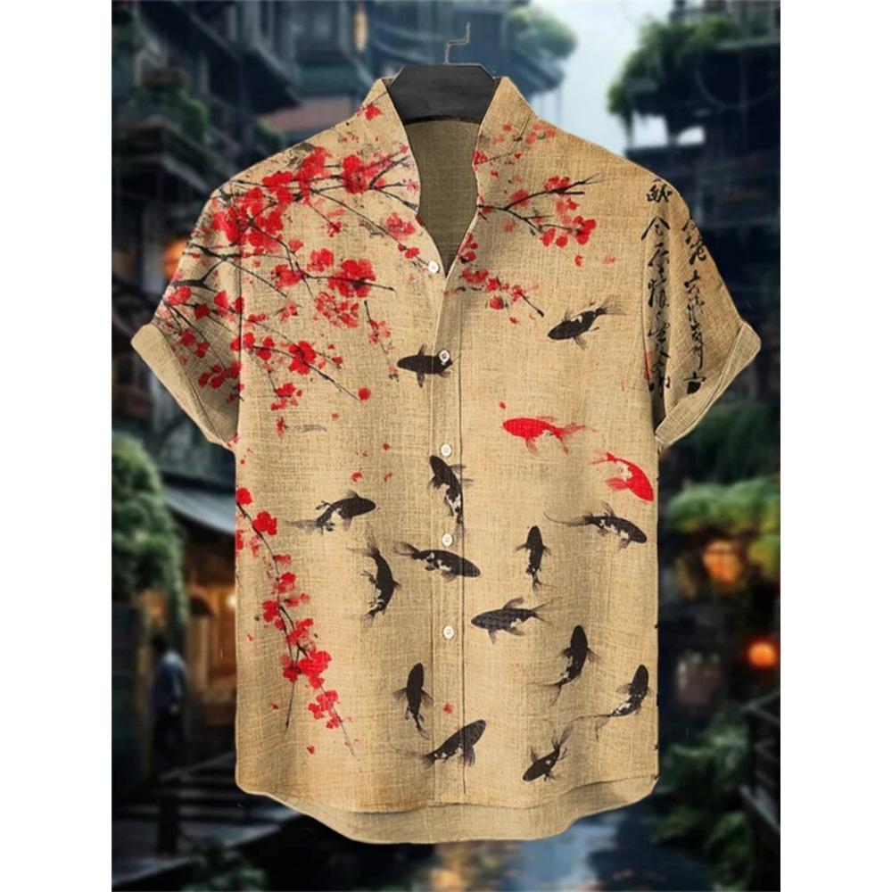 Men's Japanese Style Kimono Cat Printed Linen Shirt Summer Fashionable Stand Up Collar Short Sleeve