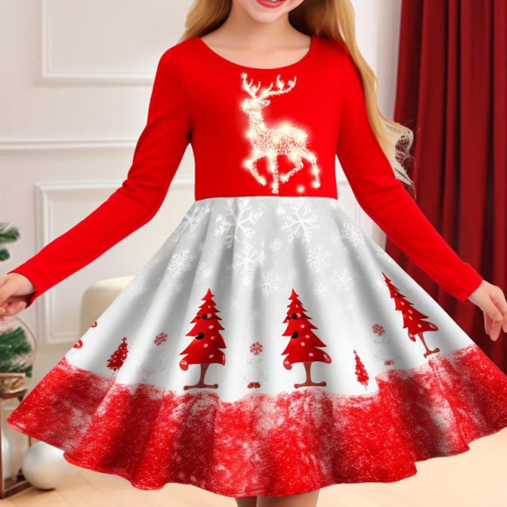 Spring Girl Casual 3D Christmas Donkey Print Round Neck Long Sleeve Dress Kid Princess Dress for Christmas