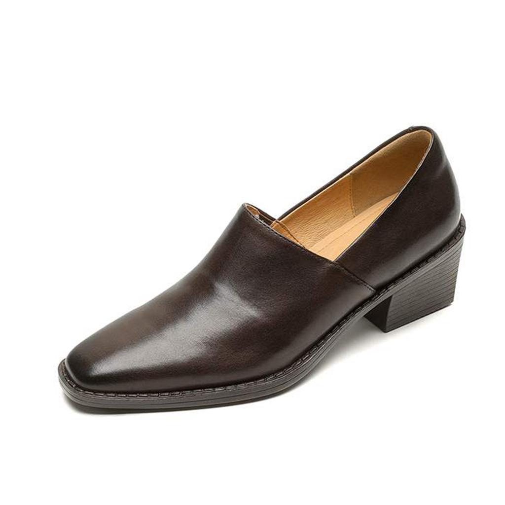 Krazing Pot Cow Skin Fashion Spring Autumn Thick High Heels Women Round Toe Office Lady Retro Fashion Pumps