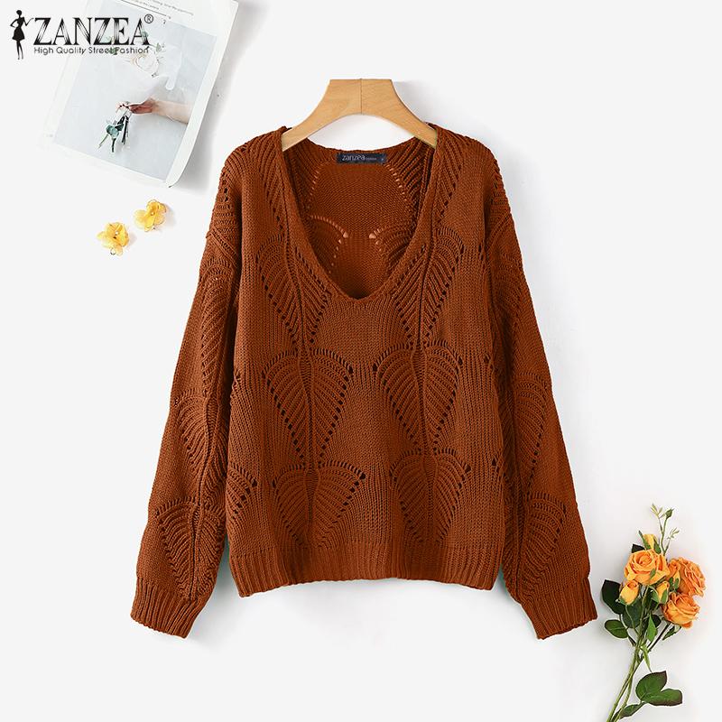 ZANZEA Autumn Women V Neck Long Sleeve Hollow Out Casual Knitted Sweaters Jumpers