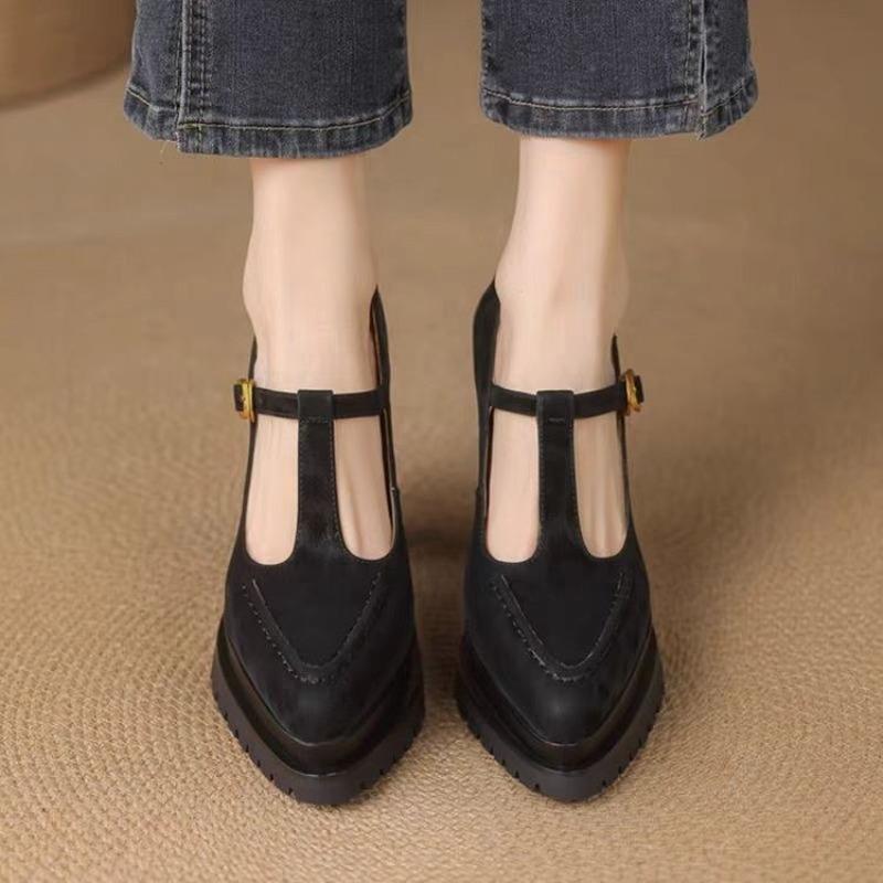 Fashion High-heeled Single Shoes Fashion New Pointed Toe Suede Slip Strap Platform Non-slip Block Heel Shoes